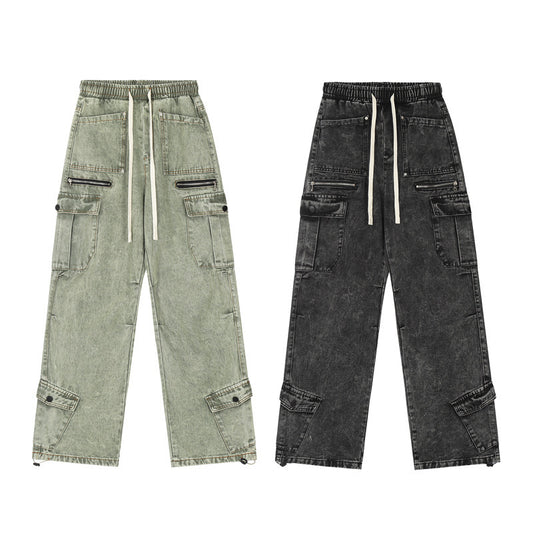 High Street Retro Washed Distressed Multi-pocket Workwear Jeans